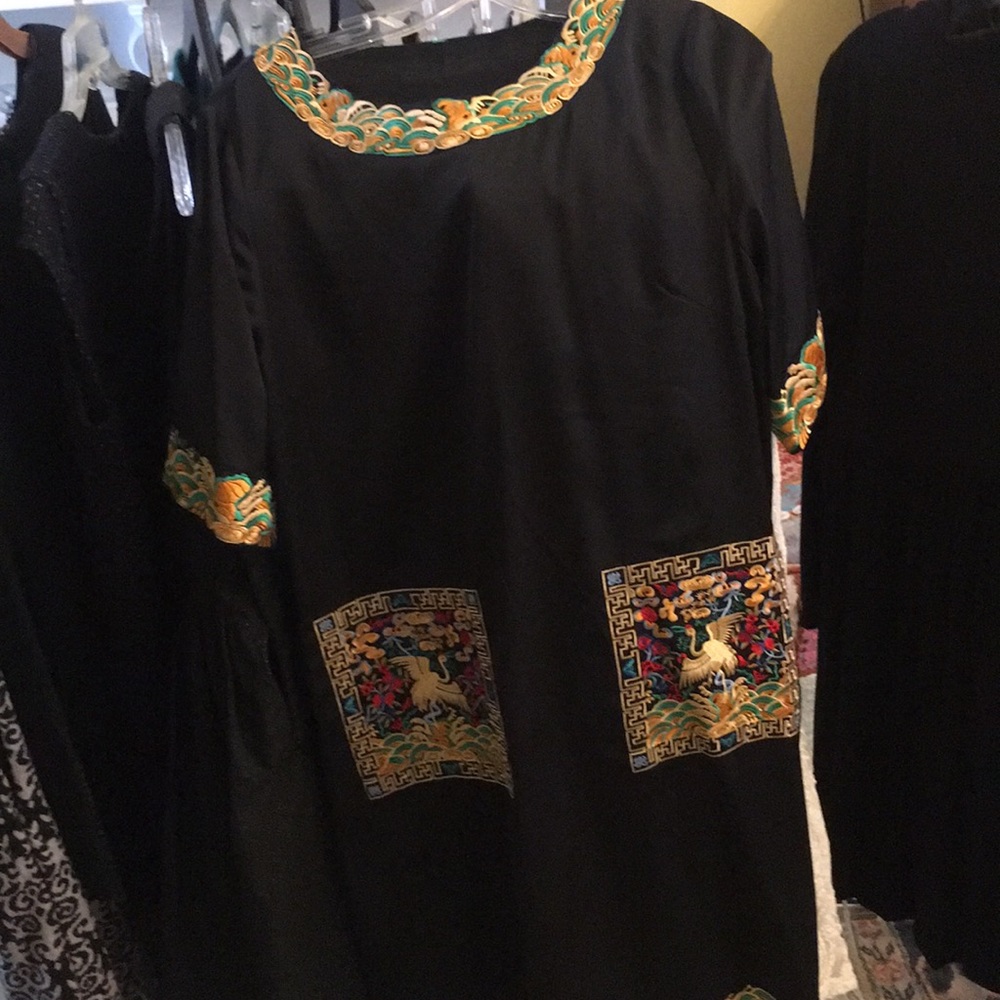 Chinese motif black silk dress.